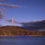 High Point Monument rising above Lake Marcia in autumn, High Point State Park, Sussex County NJ