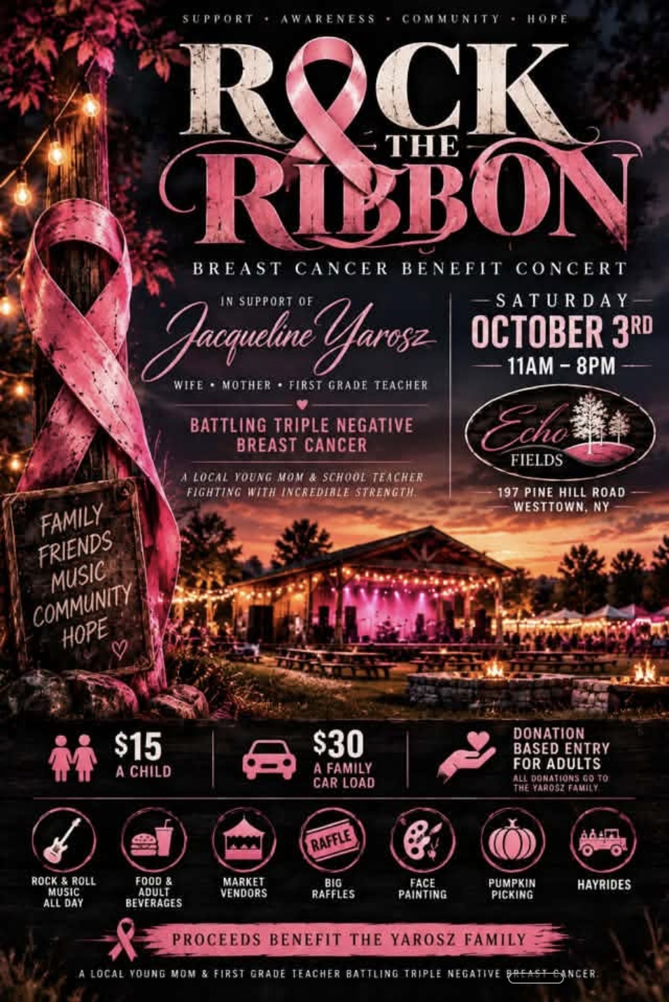Rock the Ribbon breast cancer benefit concert flyer for Jacqueline Yarosz at Echo Fields, Westtown NY, Saturday October 3, 11 AM to 8 PM