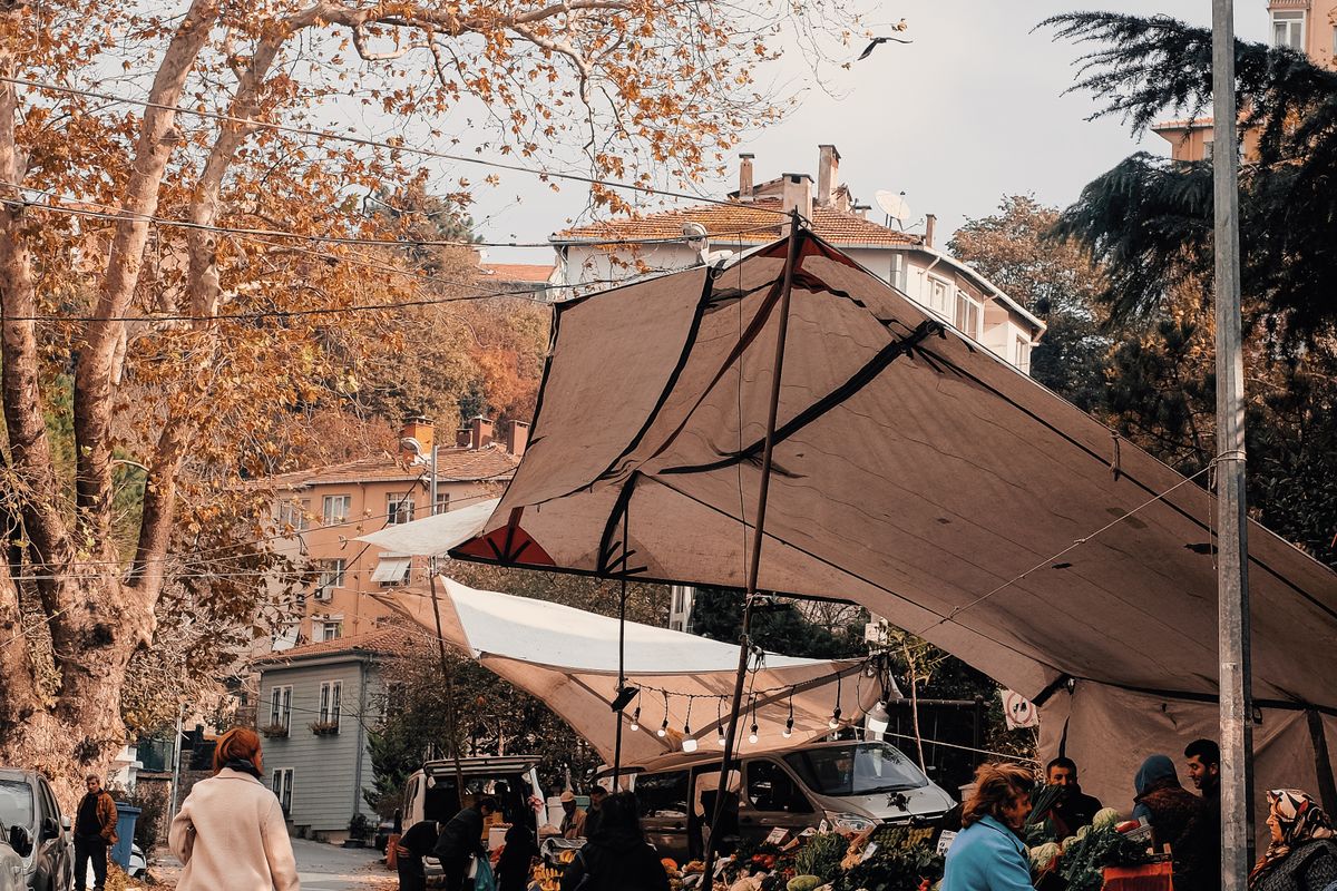People shopping at outdoor market stalls among autumn leaves