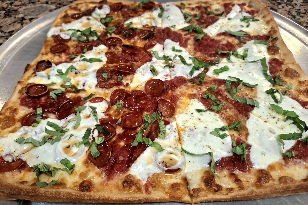 Square pizza with pepperoni, ricotta and basil at AG Pizza and Restaurant in Andover Township, NJ