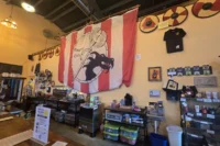 Taproom bar and Viking flag at Angry Erik Brewing near Newton, NJ