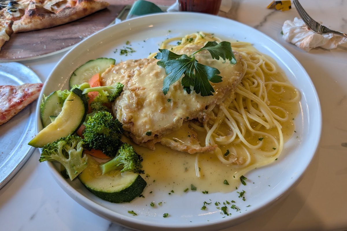 Chicken over linguine with zucchini and broccoli at Apulia Risto-Pizza in Franklin, NJ