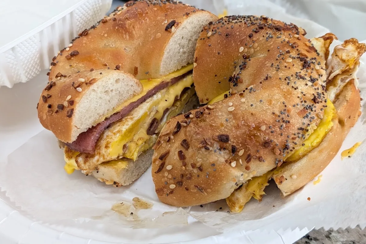 Everything bagel breakfast sandwich at Bagel Station on Lafayette Road in Sparta, NJ