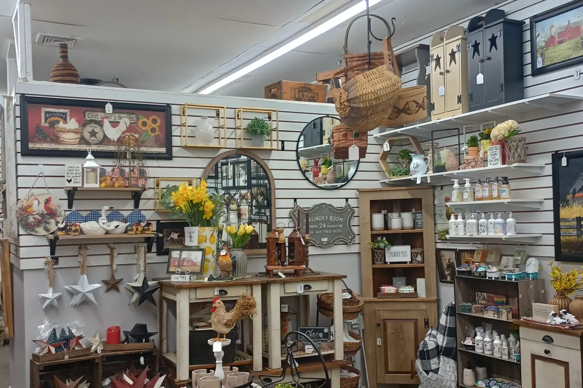 Vendor displays of home decor and vintage finds at Barb's Treasures in Lafayette, NJ