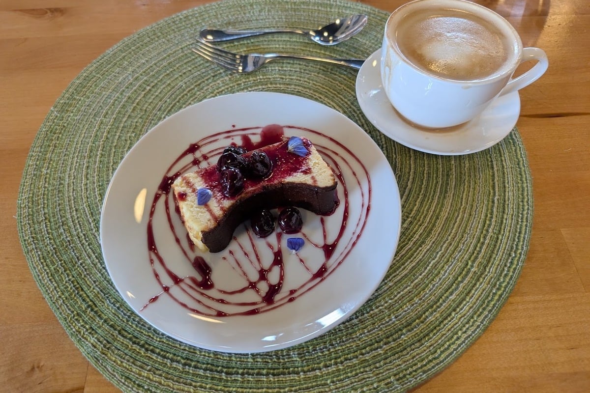 Dessert plate and latte at Arbor Restaurant SCCC Culinary Institute in Newton
