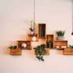 Rustic wooden crate shelves with plants and hanging lights, suggesting a local antiques and goods shop vibe