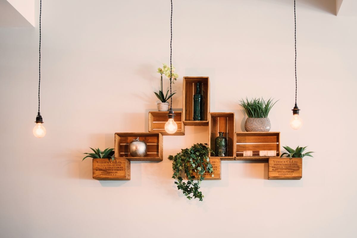 Rustic wooden crate shelves with plants and hanging lights, suggesting a local antiques and goods shop vibe