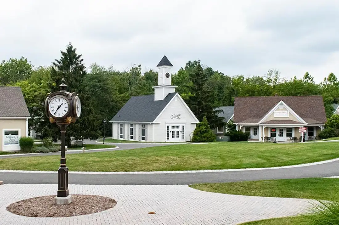 Village green and clock at The Shoppes at Lafayette in Lafayette Township, NJ