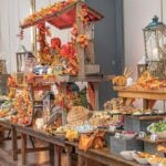Crystal Springs Resort Thanksgiving buffet with fall leaves, lanterns and pumpkins in Sussex County, NJ
