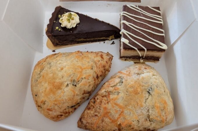 Pastries and cakes in a bakery box from Arbor Bakeshop in Newton, NJ