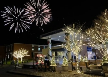 Fireworks over lit trees at the Festival of Lights at Newton Medical Center in Newton, NJ