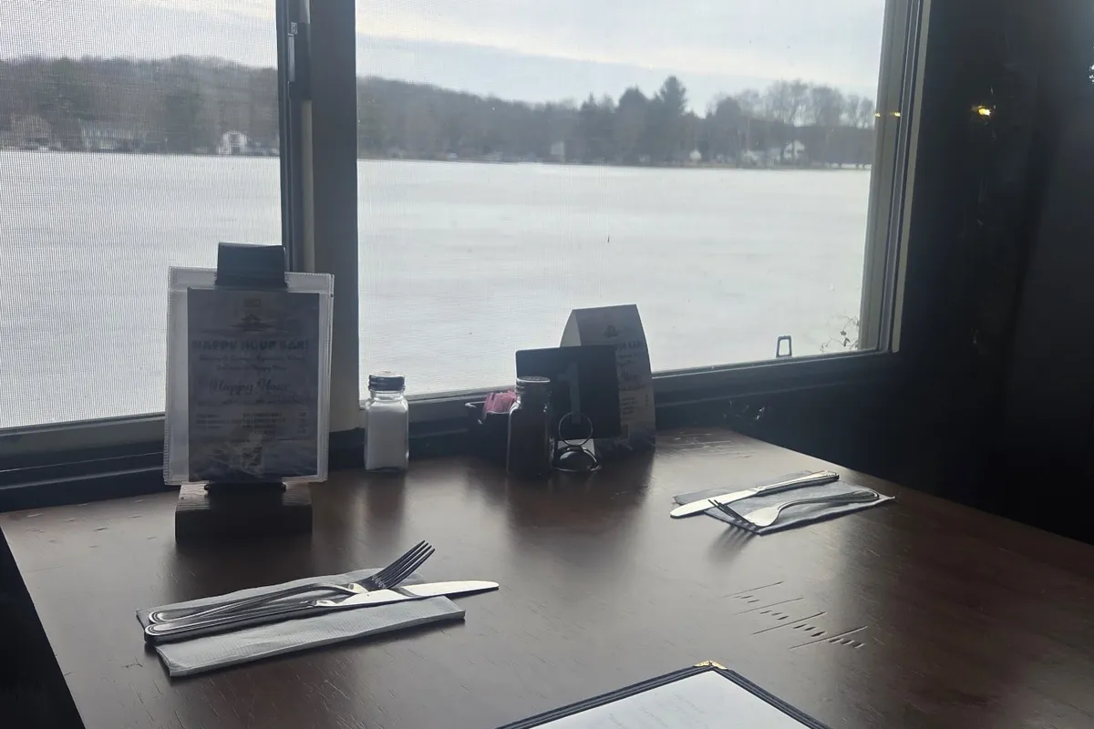 Lake view from a dining table at Freddy's Lake House Bar and Grill in Byram Township, NJ