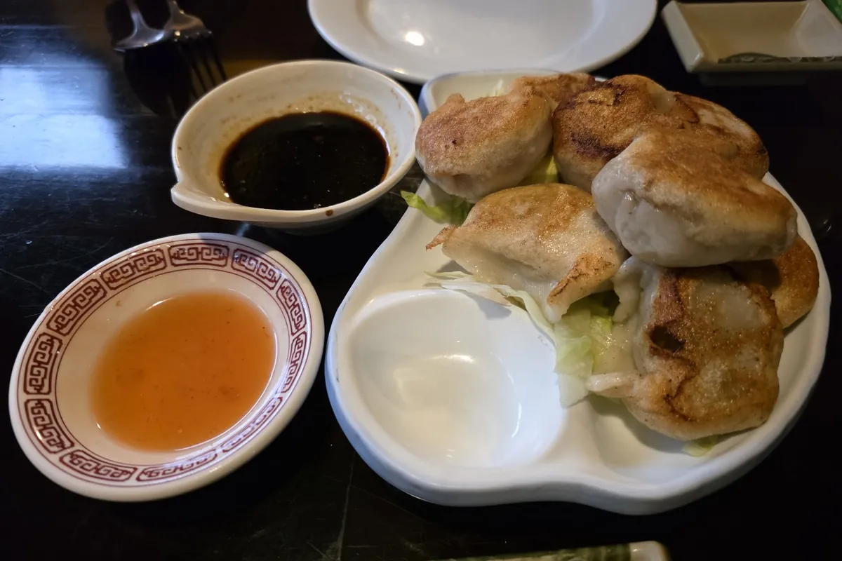 Dumplings with dipping sauces at Fu's restaurant in Sparta, NJ
