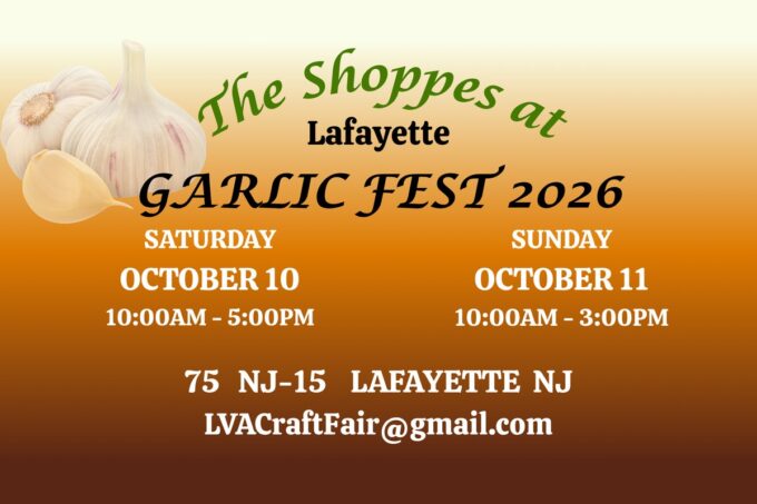 Official Garlic Fest 2026 graphic for October 10 and 11 at The Shoppes at Lafayette, 75 NJ-15, Lafayette NJ