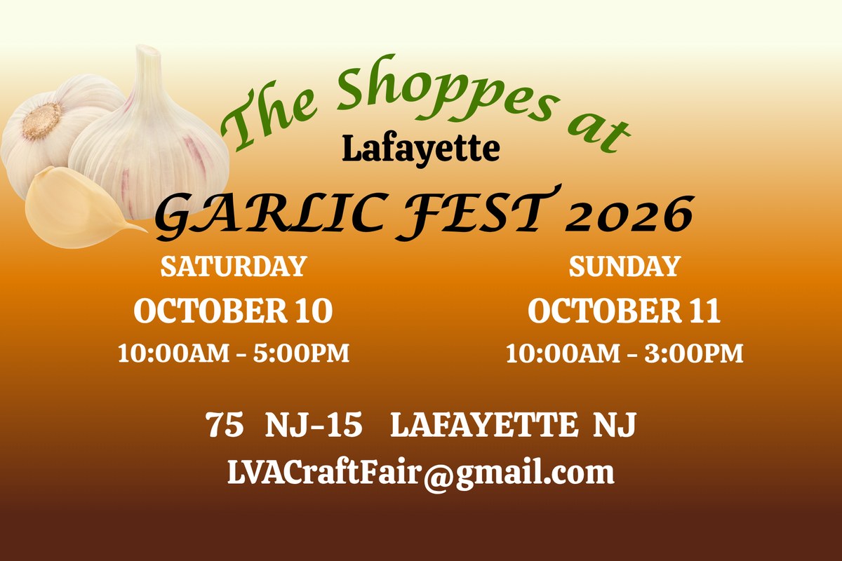 Official Garlic Fest 2026 graphic for October 10 and 11 at The Shoppes at Lafayette, 75 NJ-15, Lafayette NJ