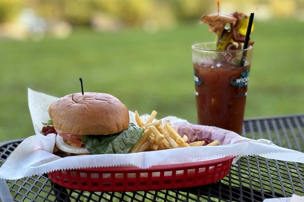 Burger, fries and a Bloody Mary on the lakeside lawn at Gyp's Tavern near Branchville, NJ