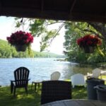 Lakeside pavilion and lawn chairs on Lake Kittatinny at Gyp's Tavern near Branchville, NJ