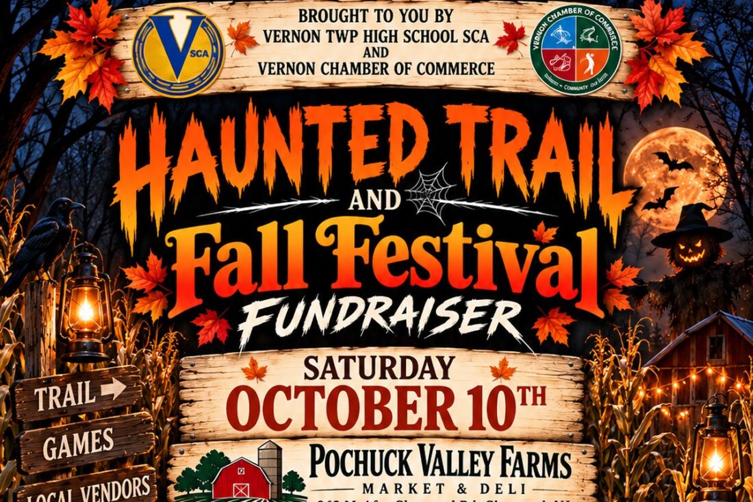 Haunted Trail and Fall Festival Fundraiser flyer for October 10 at Pochuck Valley Farms in Vernon