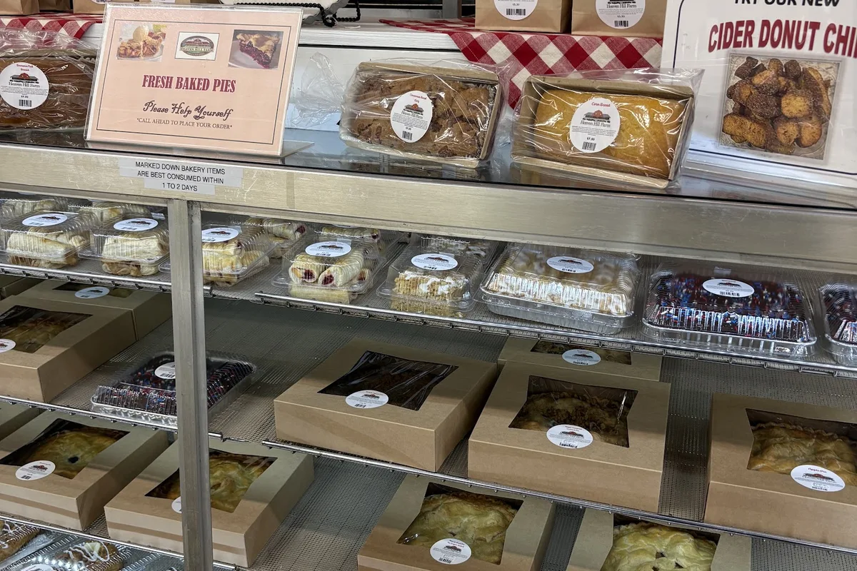 Cider donuts and baked goods on the shelves at Heaven Hill Farm market in Vernon, NJ
