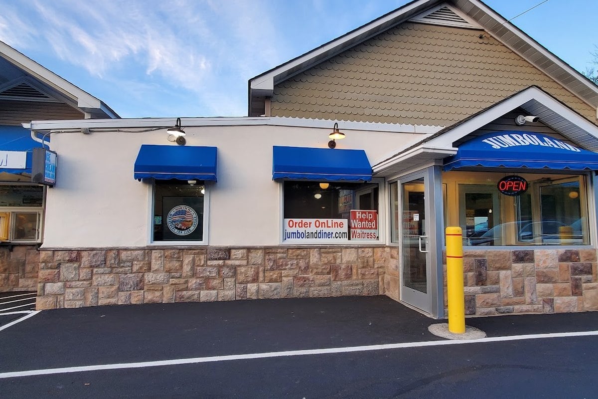 Jumboland Diner exterior with blue awnings on Route 206 in Branchville, NJ