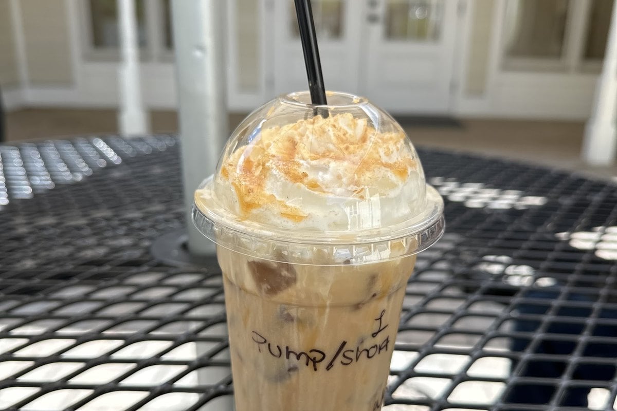 Iced pumpkin coffee drink on the patio at The Laughing Goat Coffee Bar and Cakery in Lafayette, NJ