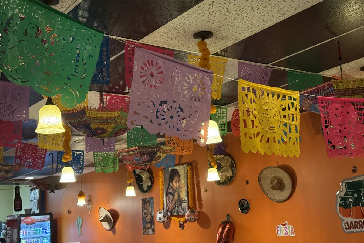 Colorful papel picado dining room at Mi Rancho Mexican Grill in Newton, NJ