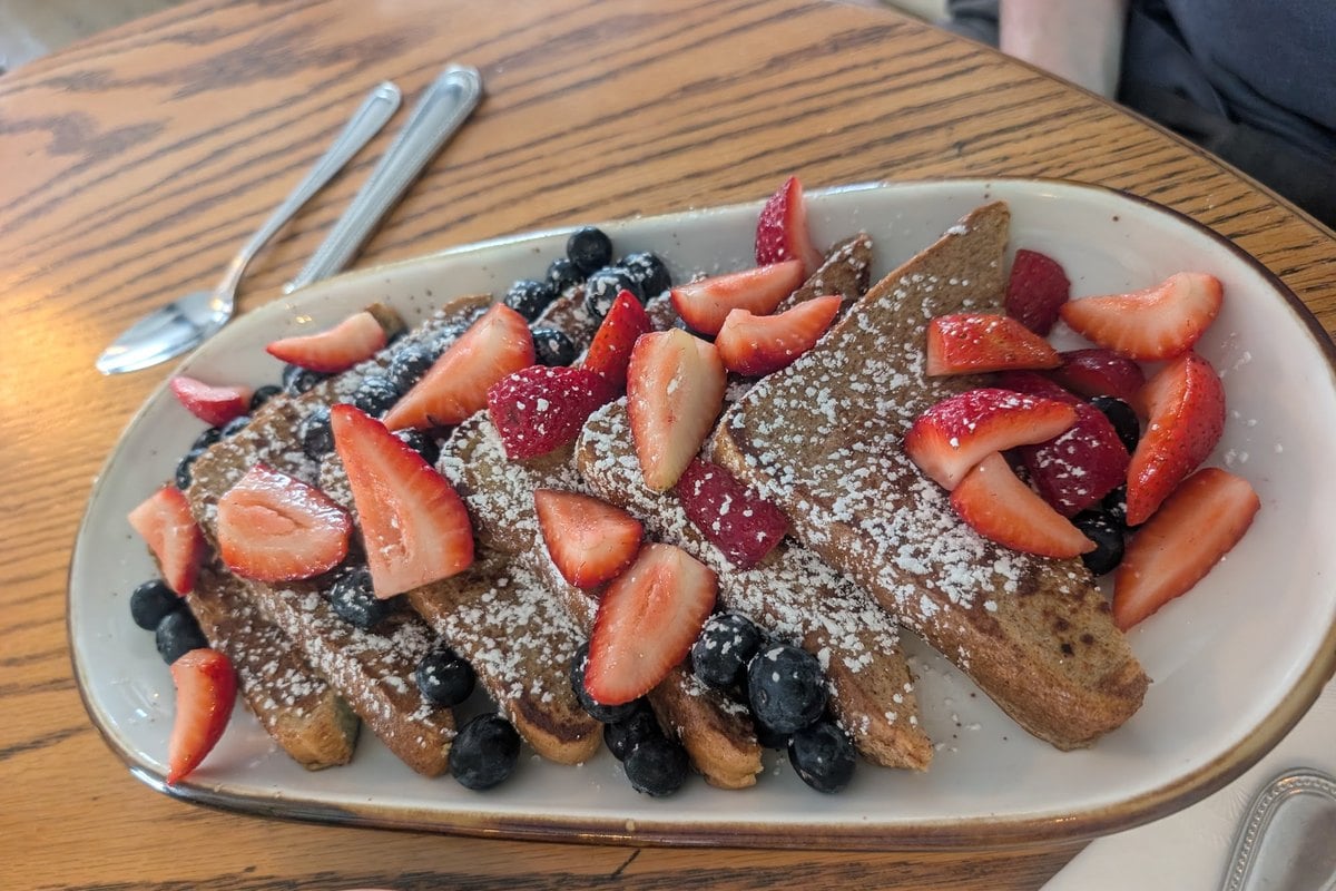 French toast topped with strawberries and blueberries at Millside Cafe in Lafayette, NJ