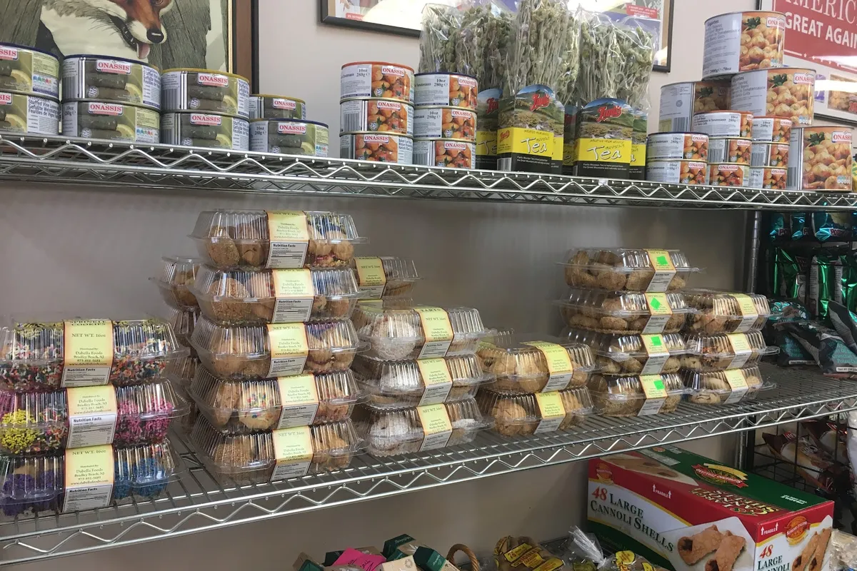 Shelves stocked with packaged foods inside Savioli's Ravioli deli in Franklin NJ
