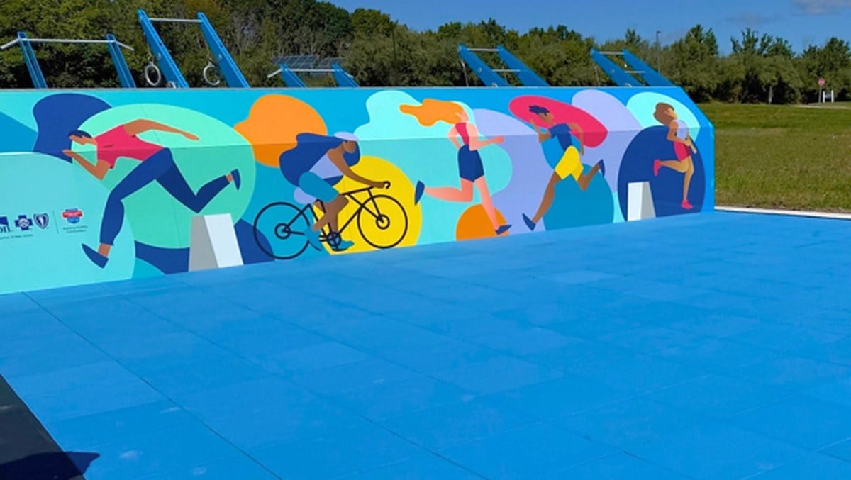 Colorful mural wall at the Sussex County Community College Fitness Court in Newton, NJ