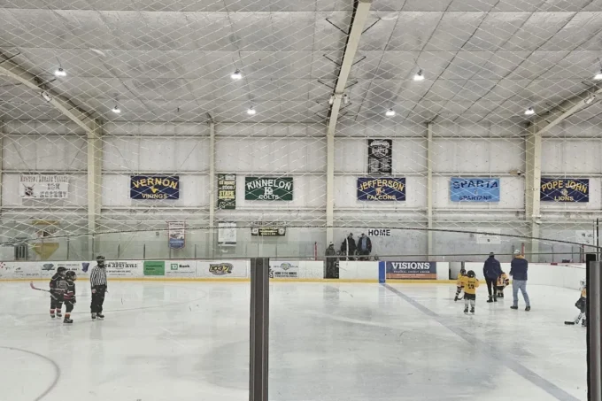 Skaters on an NHL-size rink inside Skylands Ice World in Stockholm, NJ