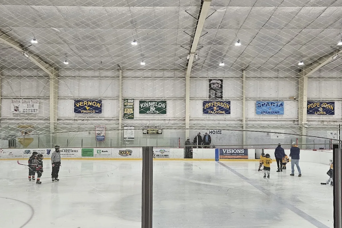 Skaters on an NHL-size rink inside Skylands Ice World in Stockholm, NJ