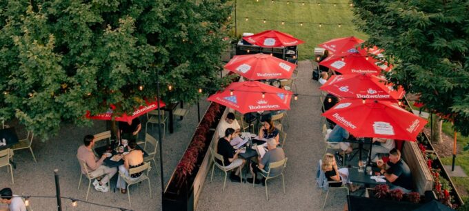 Outdoor biergarten patio at St. Moritz Grill and Bar in Sparta NJ