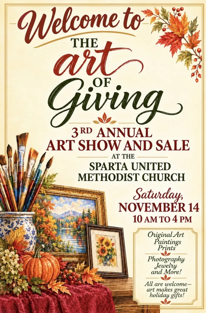 Flyer for The Art of Giving art show and sale at Sparta United Methodist Church on Saturday, November 14