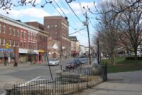 The Spring Street commercial district seen from the Newton Town Green in Newton, NJ