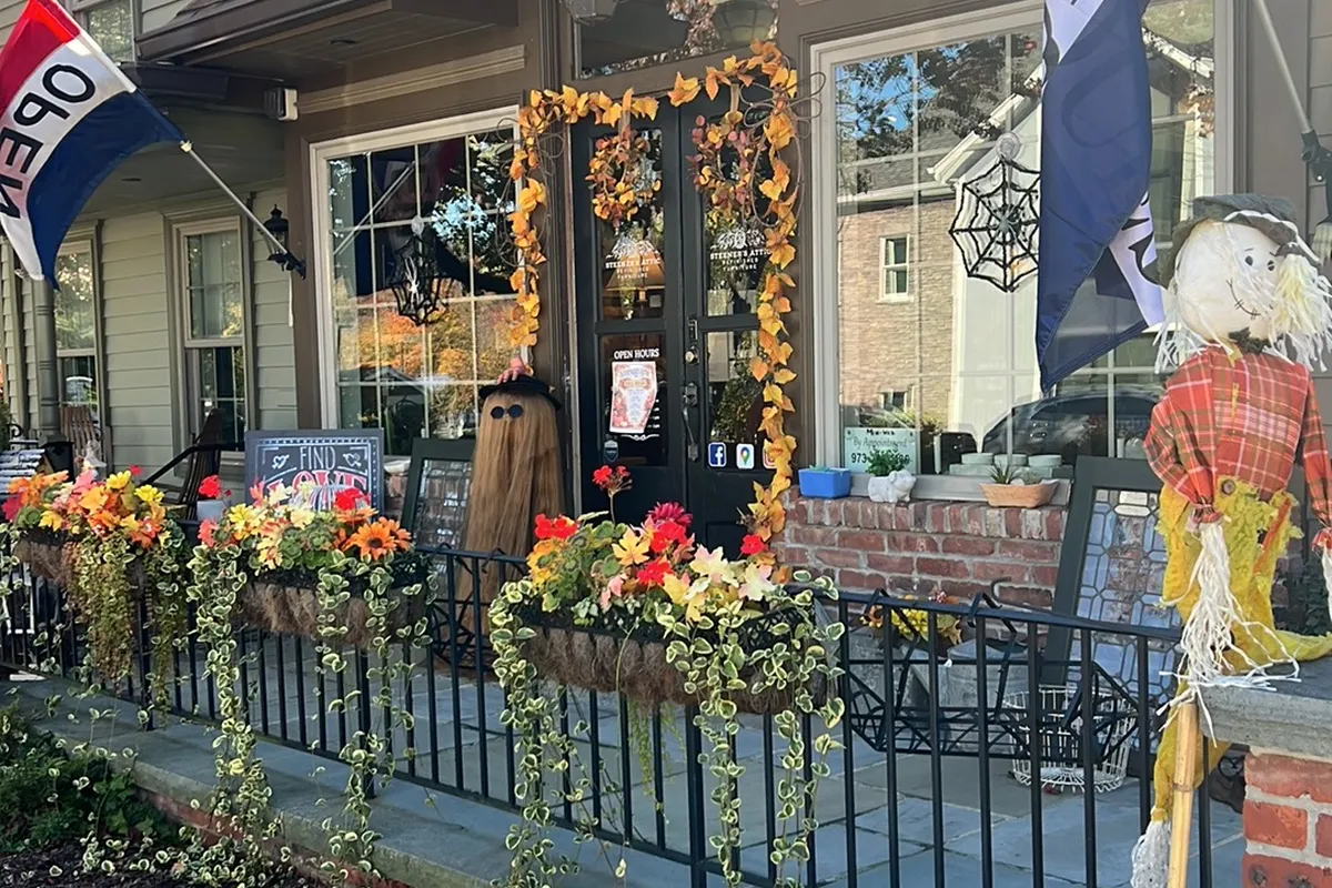 Steener's Attic storefront with fall decor on Broad Street in Branchville, NJ