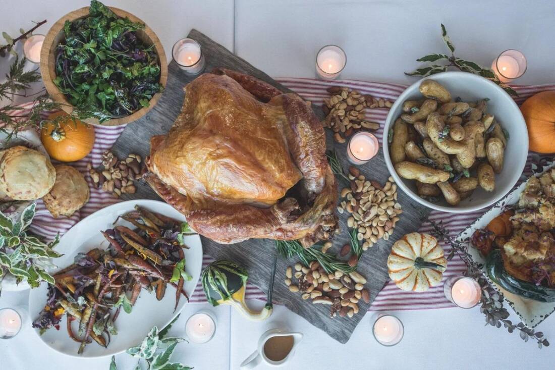 Roast turkey Thanksgiving dinner spread with sides and pumpkins at Crystal Springs Resort in Sussex County, NJ
