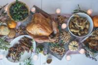 Roast turkey Thanksgiving dinner spread with sides and pumpkins at Crystal Springs Resort in Sussex County, NJ