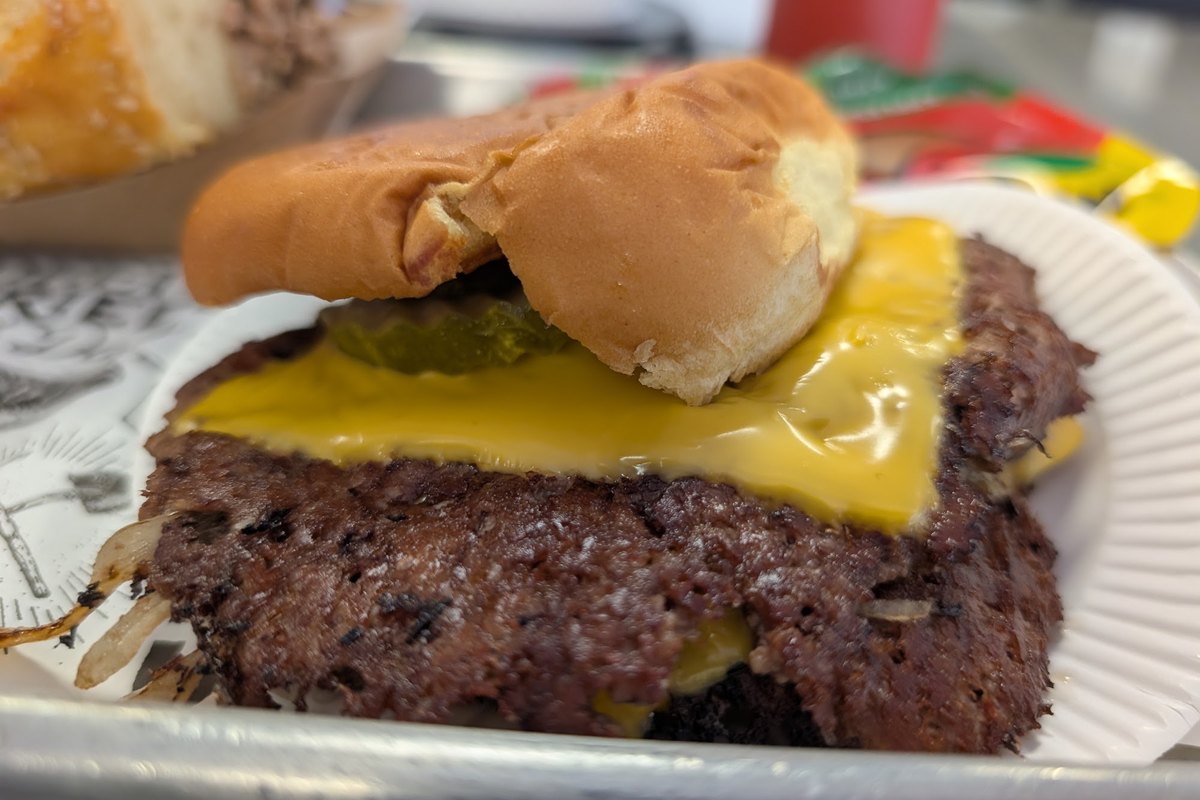 Double smash cheeseburger with pickles at The Quarry Grill on Route 23 in Franklin, NJ