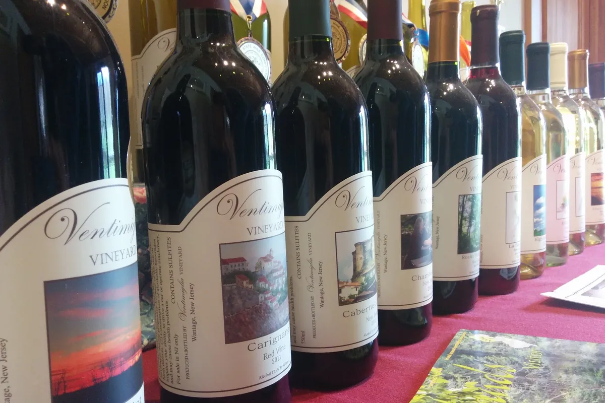 Row of Ventimiglia Vineyard wine bottles in the Wantage, NJ tasting room