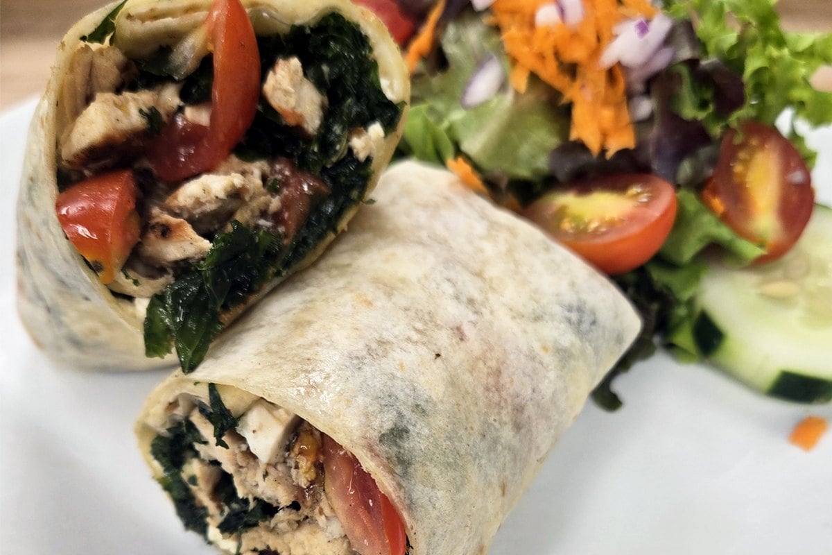 Chicken and spinach wrap with salad at The Marketplace at Wesselhof Farms cafe in Lafayette, NJ