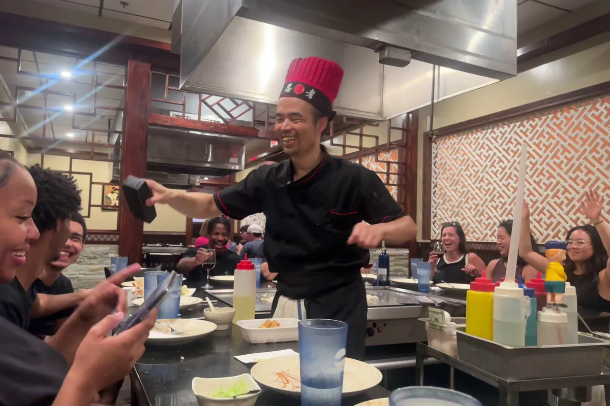 Hibachi chef cooking at a table at Yamato Hibachi Steakhouse in Wantage, NJ
