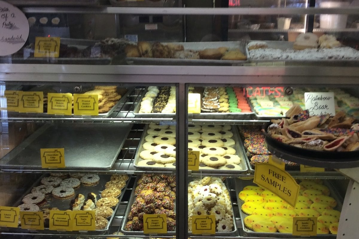 Pastry case of cookies and baked goods at Yellow Cottage Deli and Bakery in Branchville, NJ